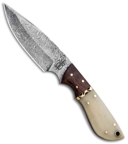 Buck N Bear Fixed Blade Knife Bone Handle Wood Bolster (4.5" Damascus)