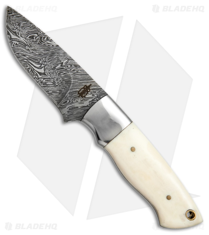 Buck N Bear Bone Skinner Fixed Blade Knife White Bone (3.5" Damascus