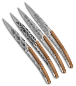 Deejo 9" Steak Knives Art Deco Mirrored w/ Olive Wood Handles - Set of 4