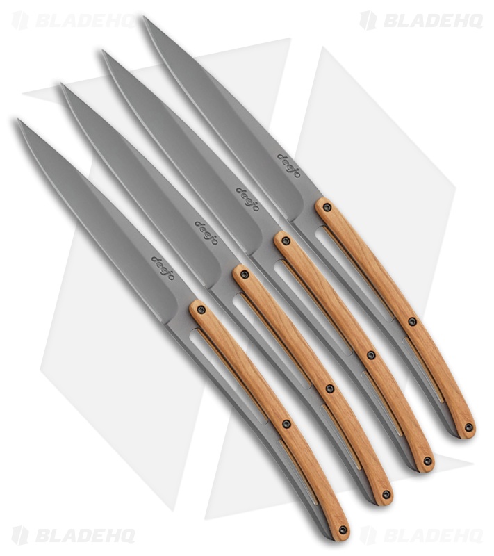 Deejo 9" Steak Knives Titanium w/ Olive Wood Handles - Set of 4