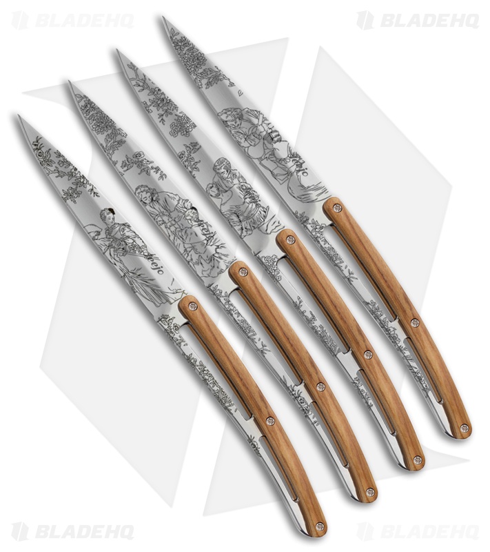 Deejo 9" Steak Knives Toile De Jouy Tattoo w/ Olive Wood Handles - Set of 4