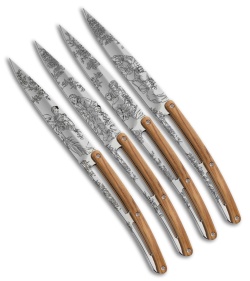 Deejo 9" Steak Knives Toile De Jouy Tattoo w/ Olive Wood Handles - Set of 4