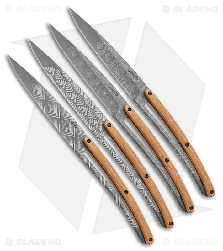 Deejo 9" Steak Knives Toile De Jouy Titanium w/ Olive Wood Handles - Set of 4