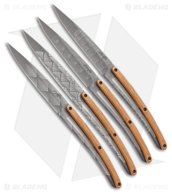 Deejo 9" Steak Knives Art Deco Titanium w/ Olive Wood Handles - Set of 4