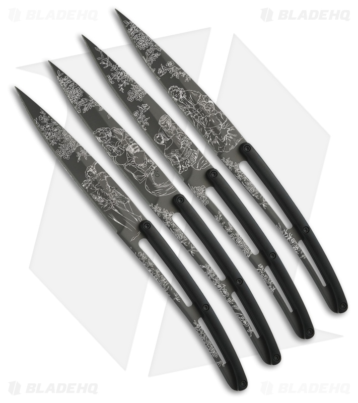 Deejo Toile de Jouy 9" Ti Art Deco Steak Knives w/ Black ABS Handles - Set of 4