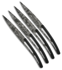 Deejo Toile de Jouy 9" Ti Art Deco Steak Knives w/ Black ABS Handles - Set of 4