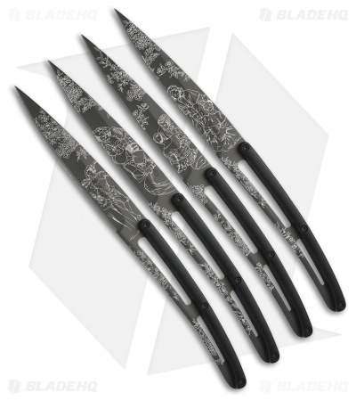 Deejo Toile de Jouy 9" Ti Art Deco Steak Knives w/ Black ABS Handles - Set of 4