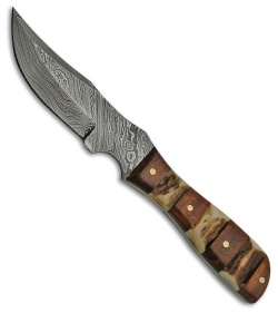 Tallen Mini Hunter Fixed Blade Knife Stag Bone/Wood (6.25" Damascus)  