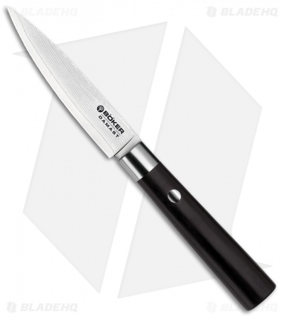 Boker Damascus Black 3.75" Paring Kitchen Knife Pakka Wood 