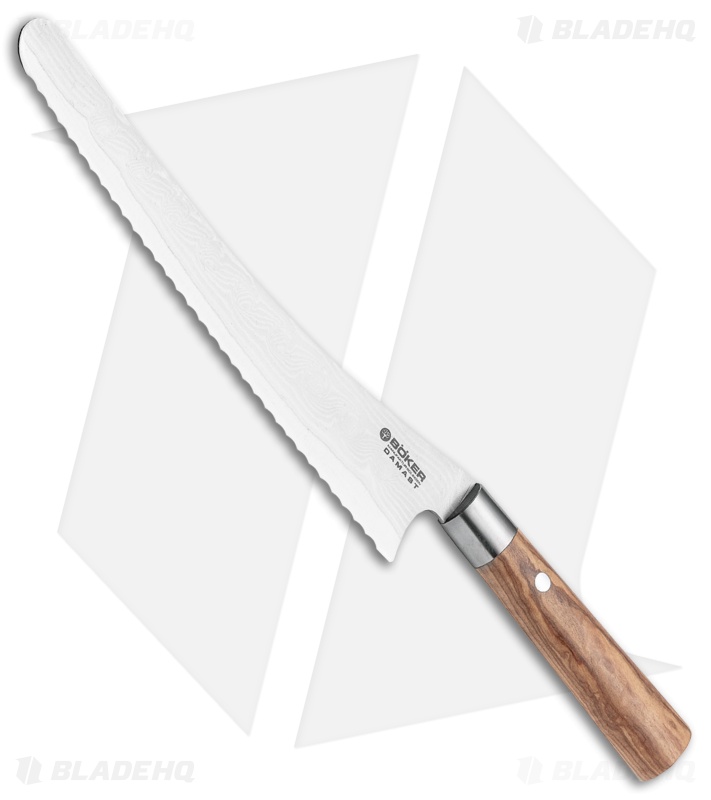 Boker Damascus Olive 9.25" Bread Kitchen Knife Olive Wood