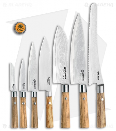 Boker Damascus Olive 8-Piece Kitchen Knife Set Olive Wood w/  Magnetic Block