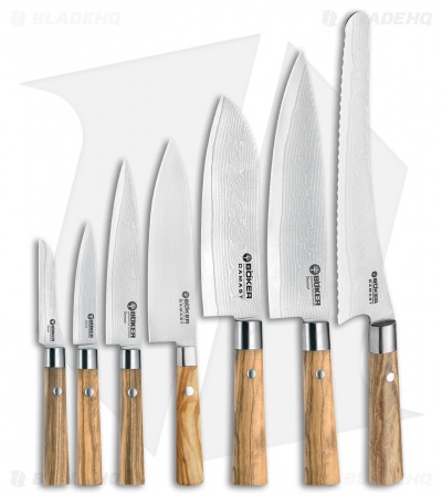 Boker Damascus Olive 8-Piece Kitchen Knife Set Olive Wood w/  Magnetic Block