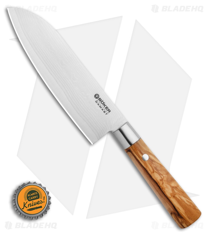 Boker Damascus Olive 6.75"  Santoku Kitchen Knife Olive Wood