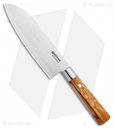 Boker Damascus Olive 6.75"  Santoku Kitchen Knife Olive Wood