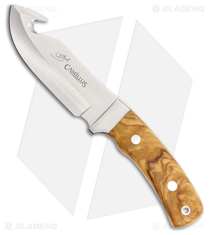 Camillus Les Stroud Aspero Gut Hook Fixed Blade Knife Olive Wood (4.75" Satin)