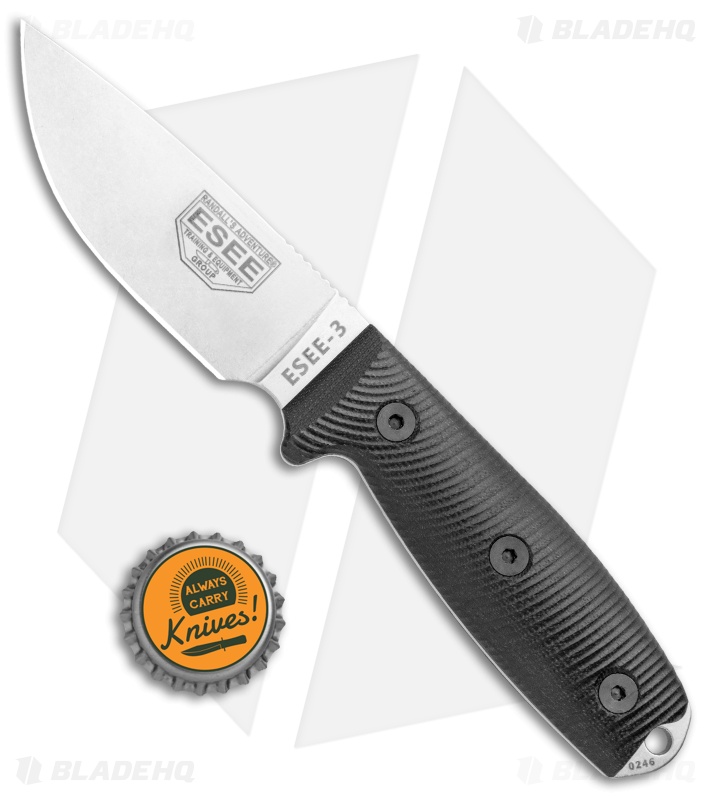 ESEE Knives ESEE-3 Fixed Blade Knife 3D Black G-10 (3.88" Stonewash S35VN)