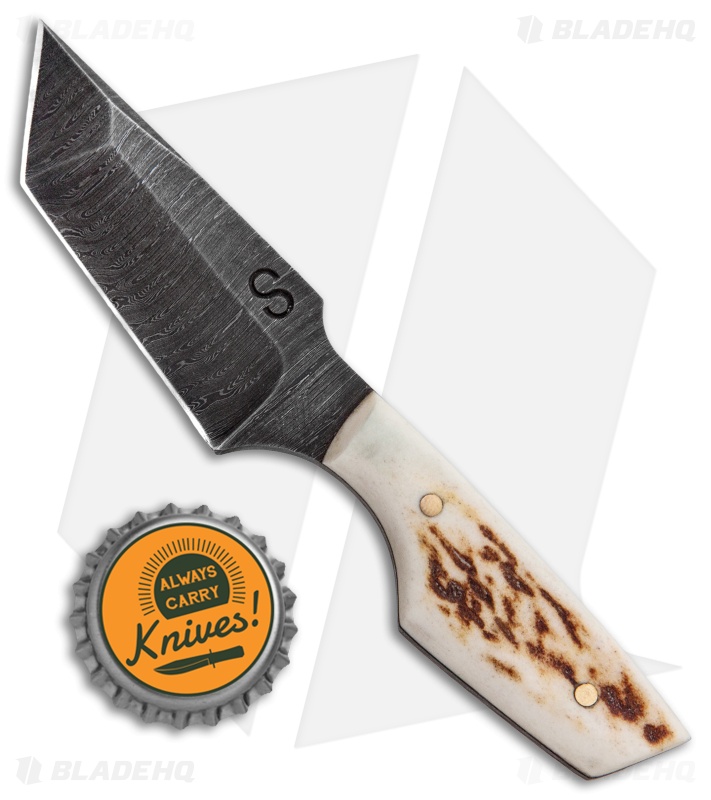Olamic Cutlery Tanto Fixed Blade Knife Stag + Damascus Blade HQ