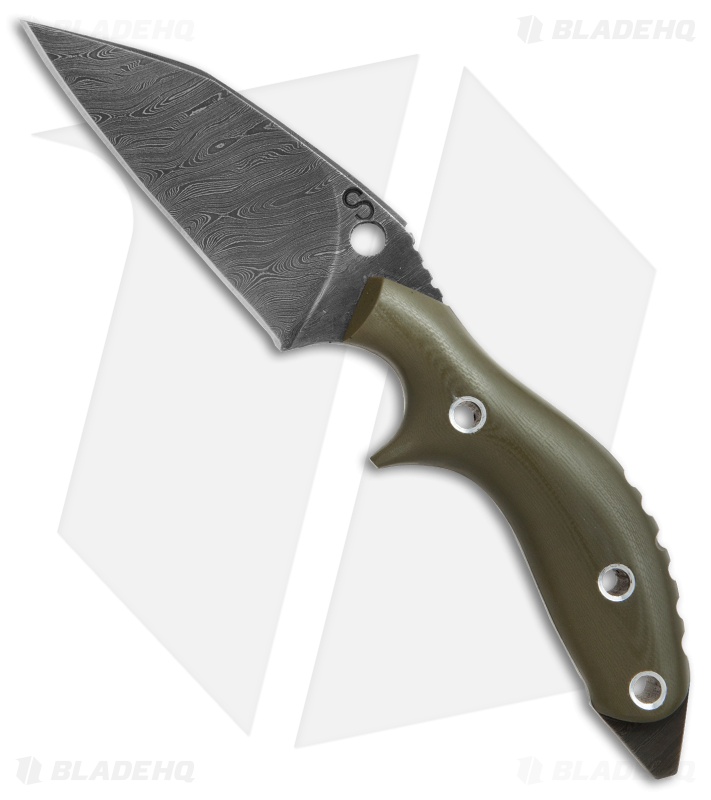 Olamic Experimental Prototype Fixed Blade Knife OD Green G-10 (3.75" Damascus)