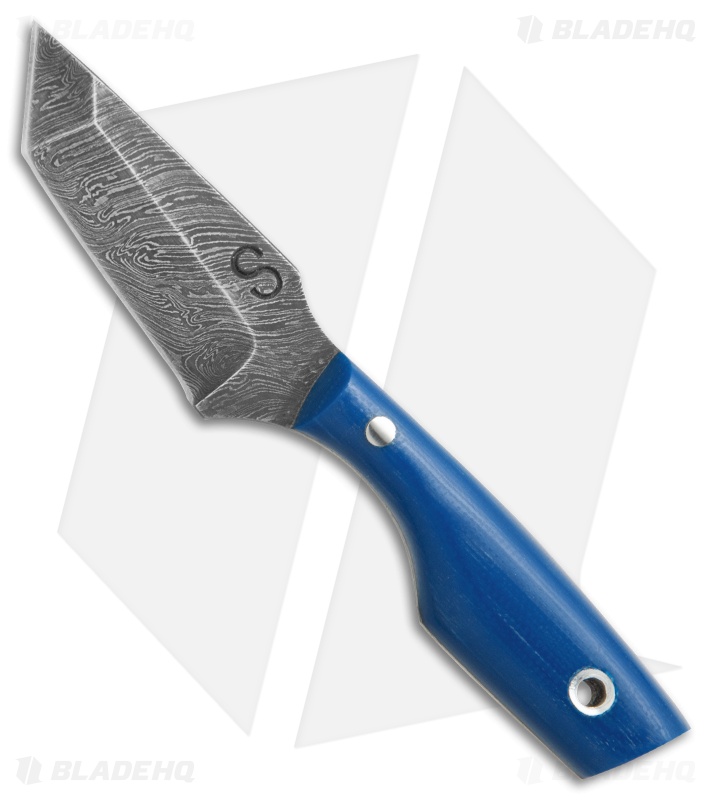 Olamic Cutlery Tanto Fixed Blade Neck Knife Blue G-10 (2.375" Damascus)