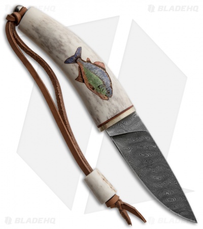 Olamic Cutlery Scrimshaw Hunter Knife Fish Fixed Blade (3.75" Damascus)
