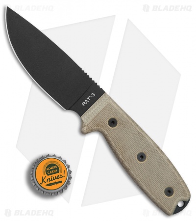 Ontario OKC RAT-3 Fixed Blade Knife Tan Micarta (3.6" Black) 8665