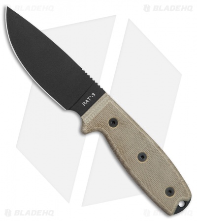 Ontario OKC RAT-3 Fixed Blade Knife Tan Micarta (3.6" Black) 8665