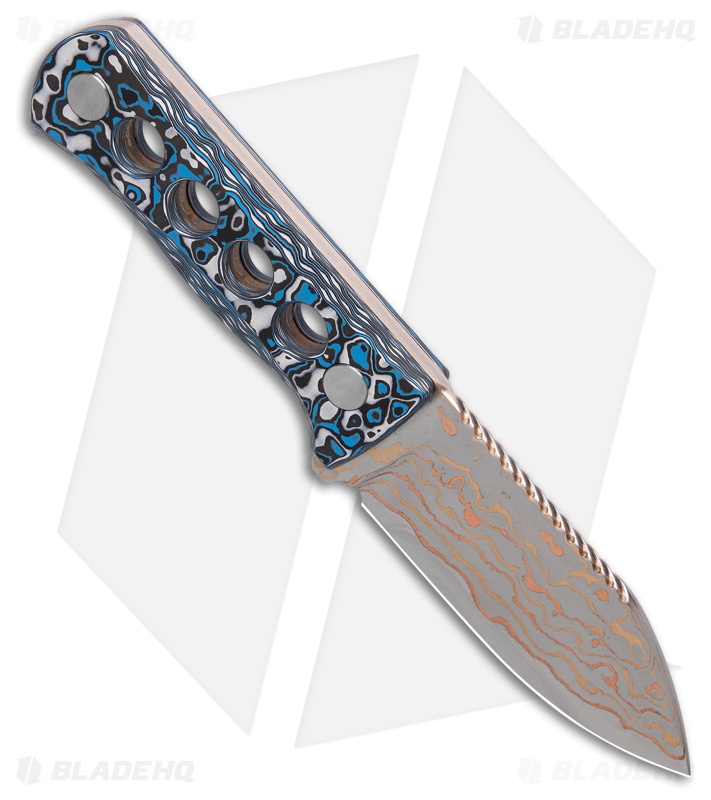QSP Canary Neck Knife Fixed Blade White/Blue Carbon Fiber (2.5" Copper Damascus)