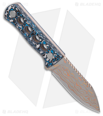 QSP Canary Neck Knife Fixed Blade White/Blue Carbon Fiber (2.5" Copper Damascus)