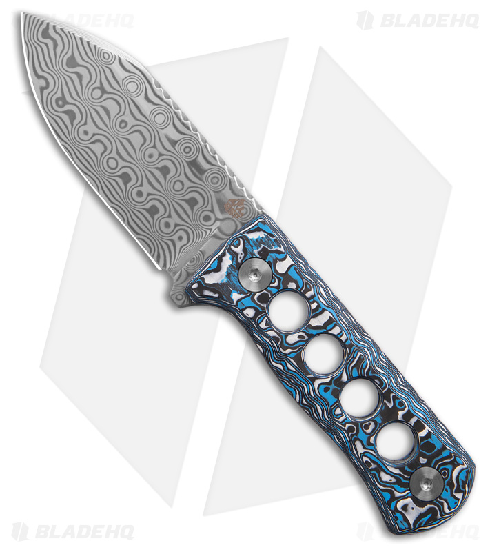QSP Canary Neck Knife Fixed Blade White/Blue Carbon Fiber (2.5" Damascus)
