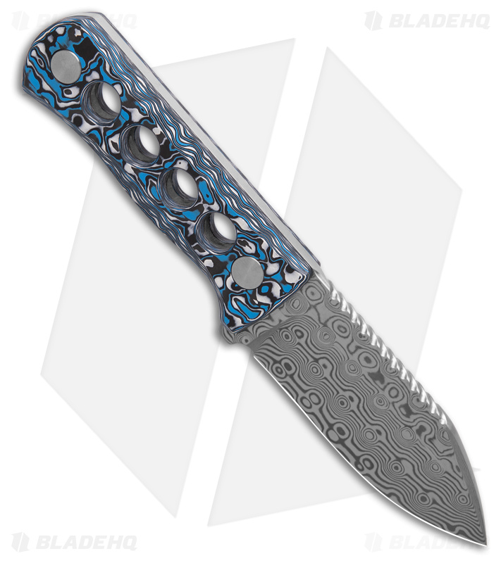 QSP Canary Neck Knife Fixed Blade White/Blue Carbon Fiber (2.5" Damascus)