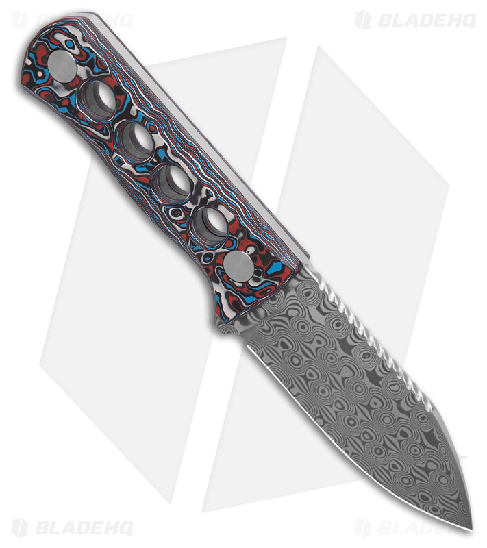 QSP Canary Neck Knife Fixed Blade Red/White/Blue Carbon Fiber (2.5" Damascus)