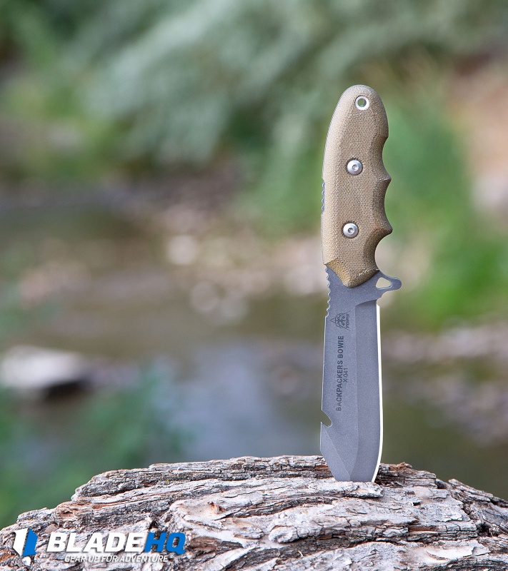 TOPS Knives Backpacker's Bowie Fixed Blade Green Canvas Micarta (4.5" Tumbled)