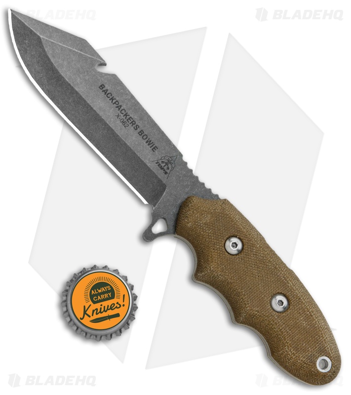 TOPS Knives Backpacker's Bowie Fixed Blade Green Canvas Micarta (4.5" Tumbled)