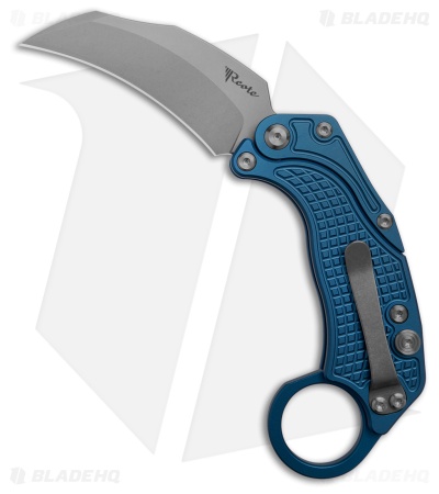 Reate EXO-K Gravity Karambit Button Lock Knife Blue Aluminum (3.1" Stonewash)