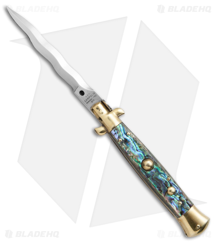 AGA Campolin 10" Italian Stiletto Auto Knife Abalone Brass (4.5" Satin Kriss)