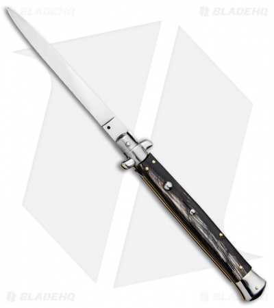 SKM 13" Italian Stiletto Flat Grind Automatic Knife Dark Horn (6" Satin)