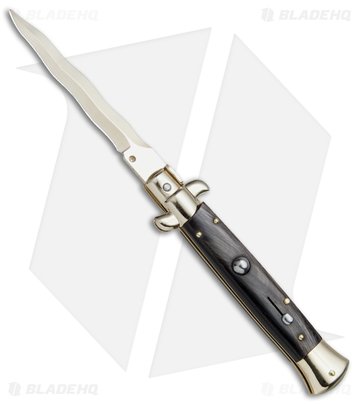 Frank B 9" Italian Stiletto Kris Automatic Knife Dark Horn (4" Gold)