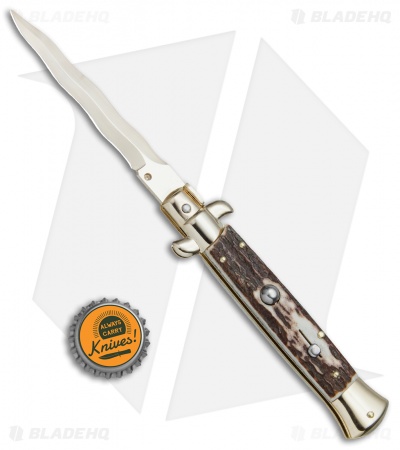 Frank B 9" Italian Stiletto Kris Automatic Knife Stag (4" Gold)