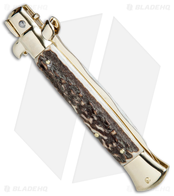 Frank B 9" Italian Stiletto Kris Automatic Knife Stag (4" Gold)
