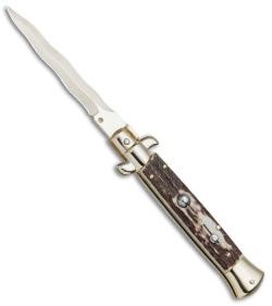 Frank B 9" Italian Stiletto Kris Automatic Knife Stag (4" Gold)