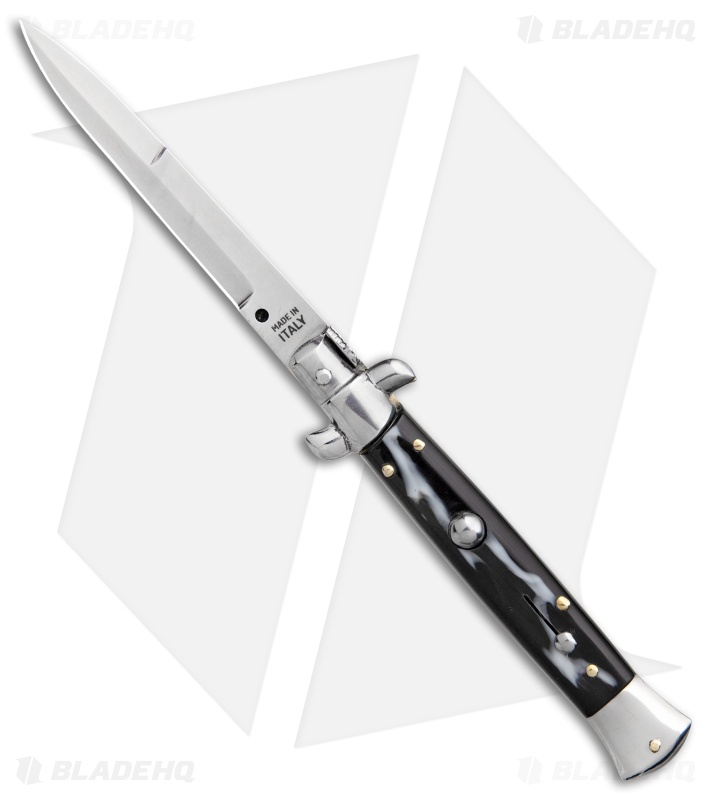 SKM 9" Italian Stiletto Automatic Knife Sim Dark Horn (3.8" Satin Bayo)