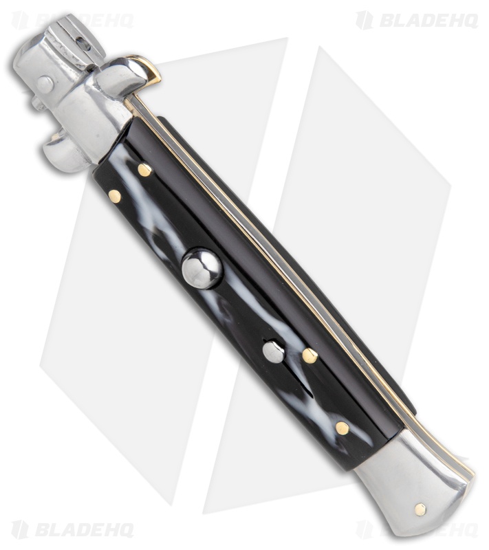 SKM 9" Italian Stiletto Automatic Knife Sim Dark Horn (3.8" Satin Bayo)