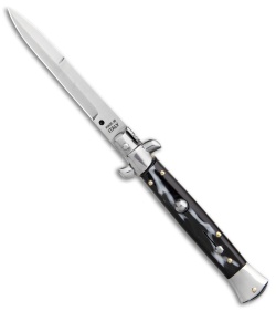 SKM 9" Italian Stiletto Automatic Knife Sim Dark Horn (3.8" Satin Bayo)