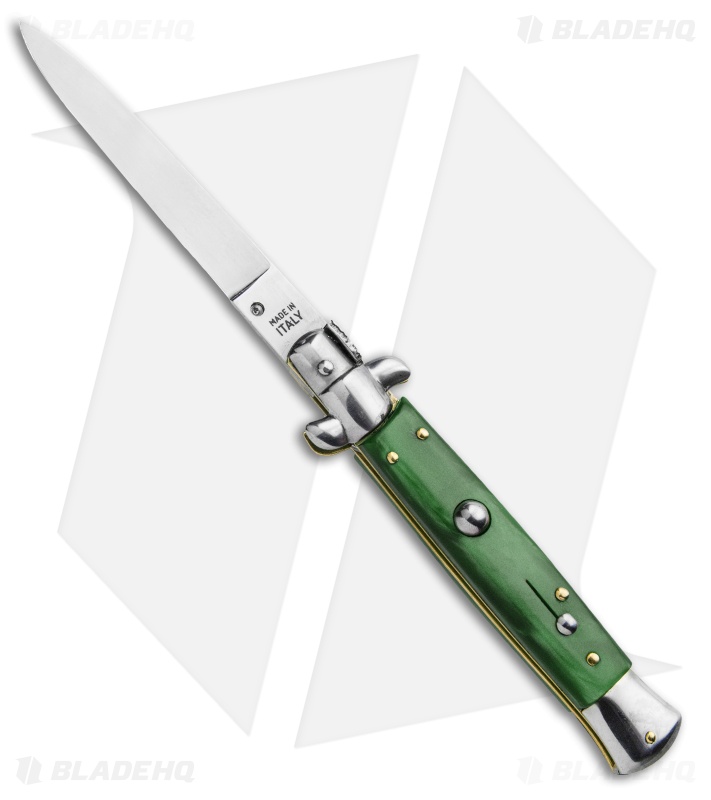 SKM 9" Italian Stiletto Automatic Knife Green Acrylic (4" Satin Flat)