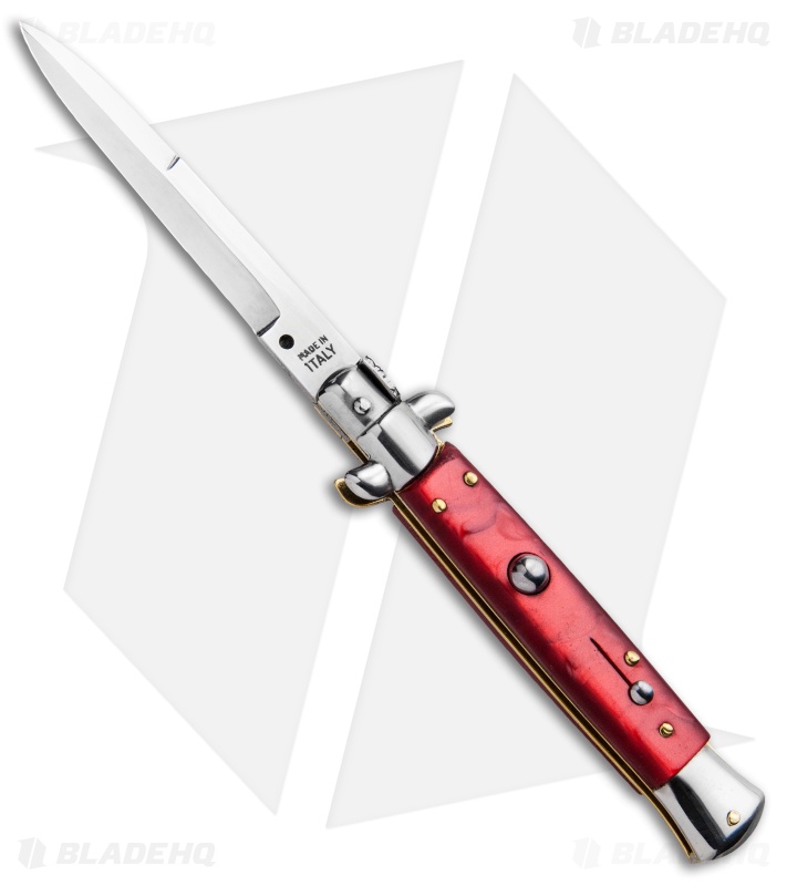 SKM 9" Italian Stiletto Automatic Bayonet Knife Red Acrylic (4" Satin)