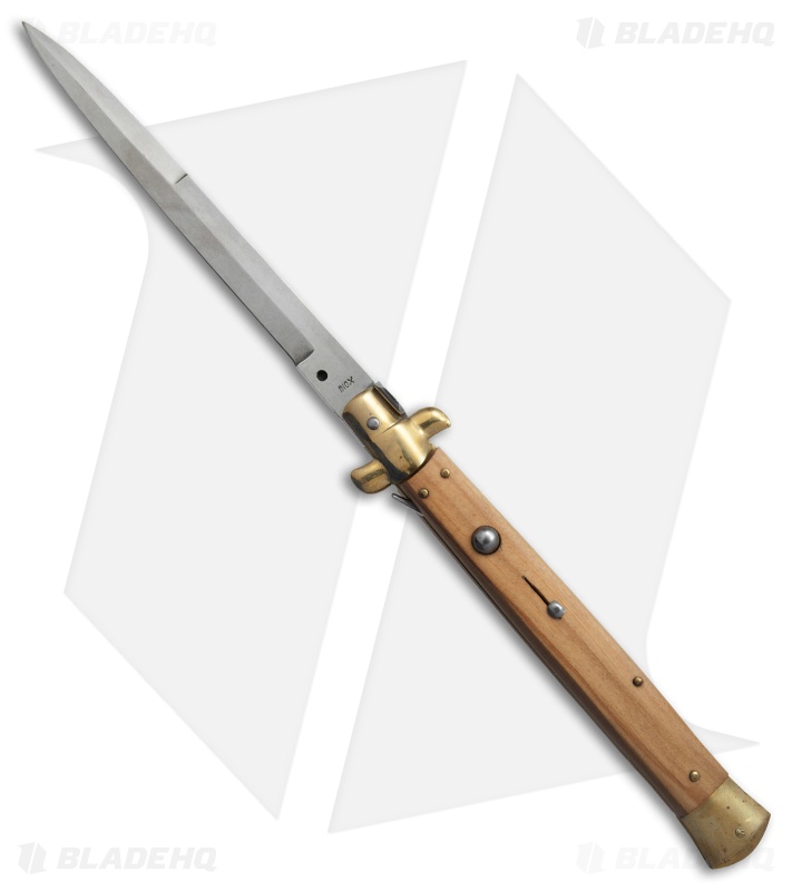 SKM AB 13" Italian Stiletto Automatic Knife Olive Wood Brass (5.7" Satin Bayo)