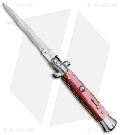 SKM AB 9" Italian Stiletto Automatic Knife Red Acrylic (3.8" Satin Kris)