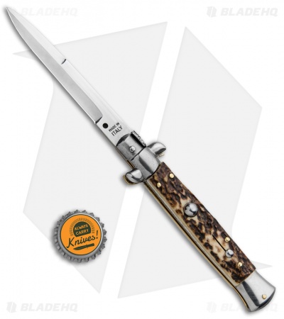 SKM AB 9" Italian Stiletto Bayo Automatic Knife Stag (3.8" Satin)