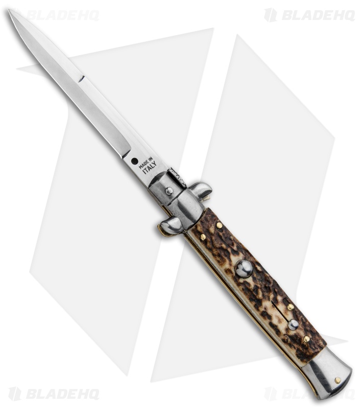 SKM AB 9" Italian Stiletto Bayo Automatic Knife Stag (3.8" Satin)