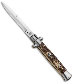 SKM AB 9" Italian Stiletto Bayo Automatic Knife Stag (3.8" Satin)